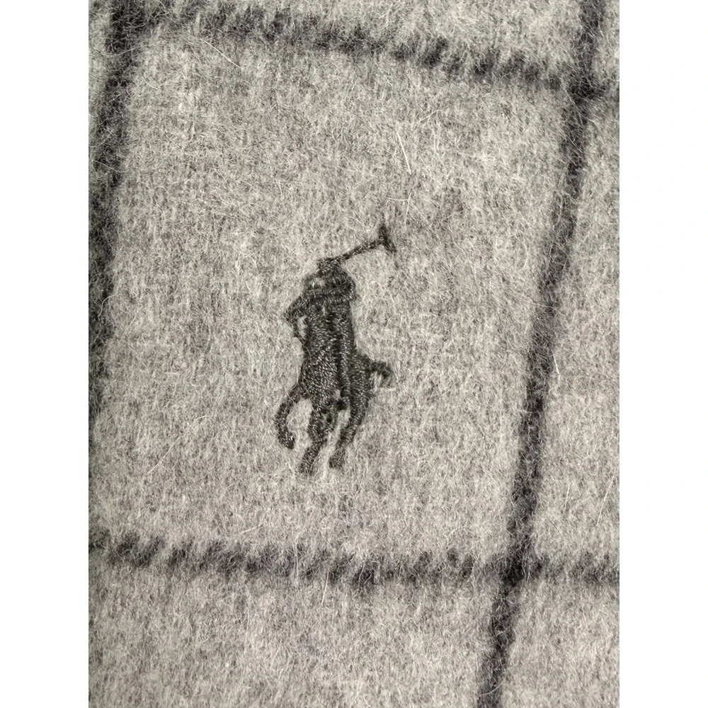 Polo Ralph Lauren Grey Windowpane Check Wool Blend Fringed Scarf Pony Logo